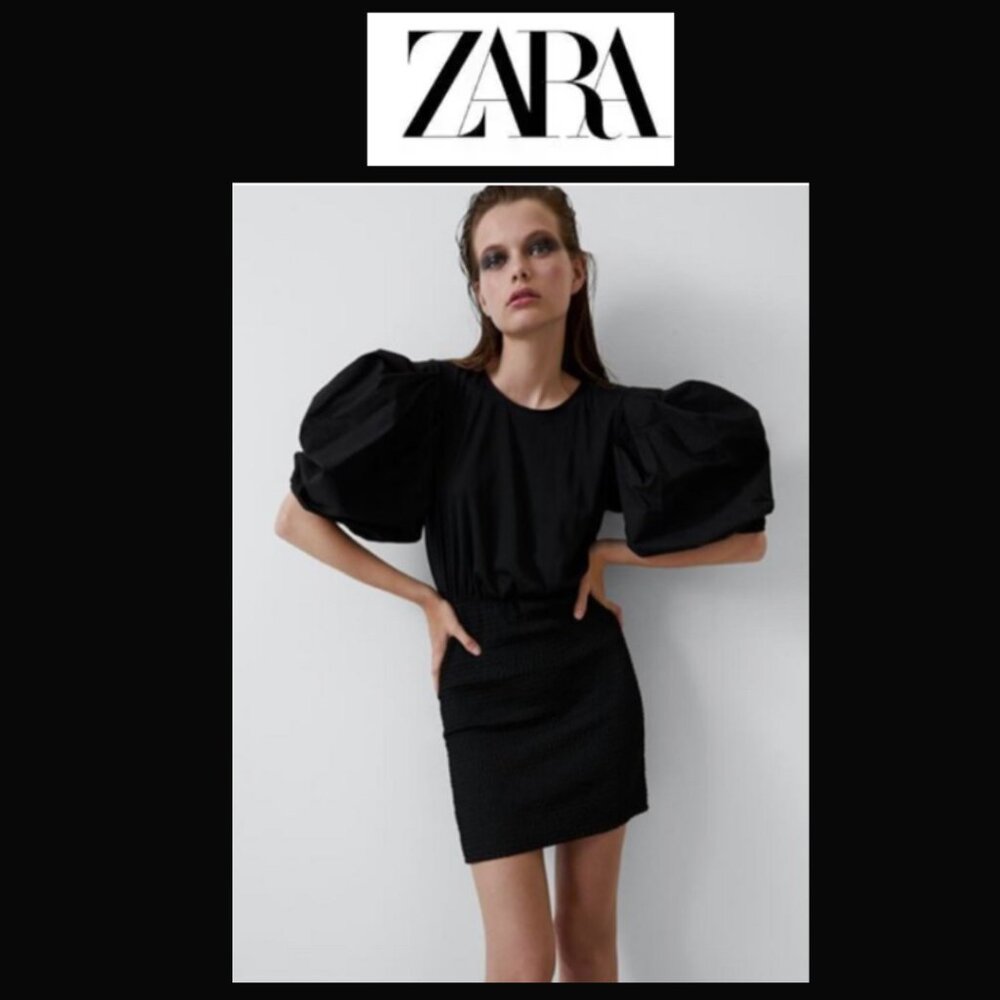 Zara Black Dress Tie up Black, Puffy Sleeves, Smocked Dress